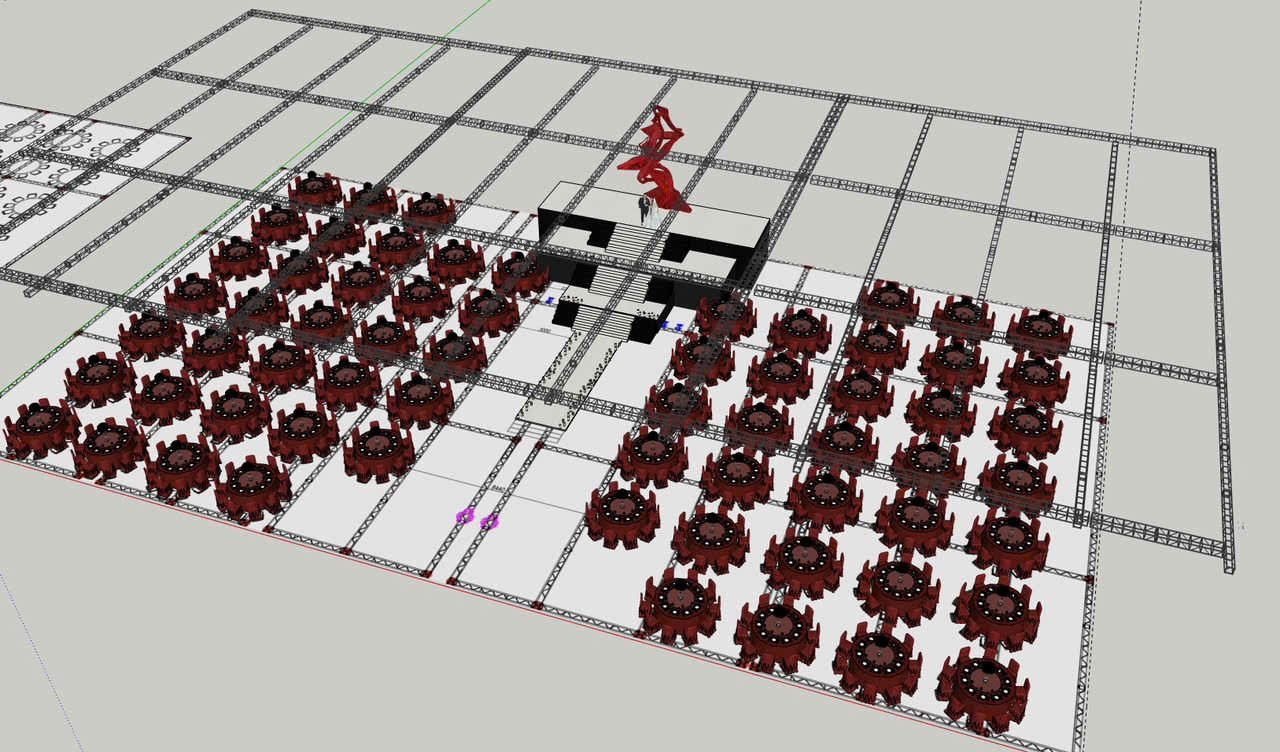 Sơ đồ bố trí bàn tiệc dạng lưới cho sân khấu dải lụa đỏ, mô hình SketchUp