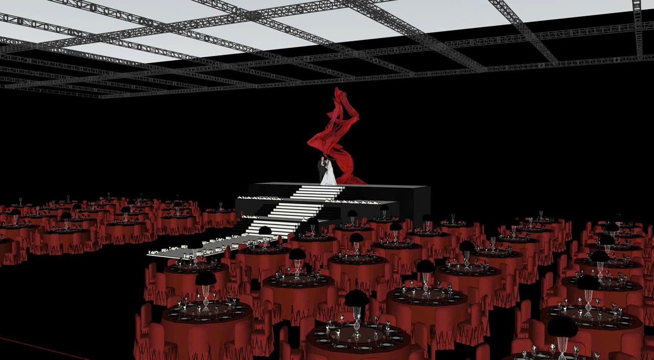 Phối cảnh 3D sân khấu dải lụa đỏ với bục bậc thang trắng, mô hình SketchUp