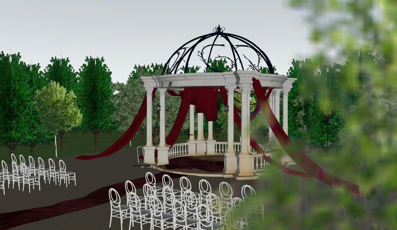 Mô hình 3D cổng vòm trắng và lối đi thảm đỏ giữa vườn cây, SketchUp