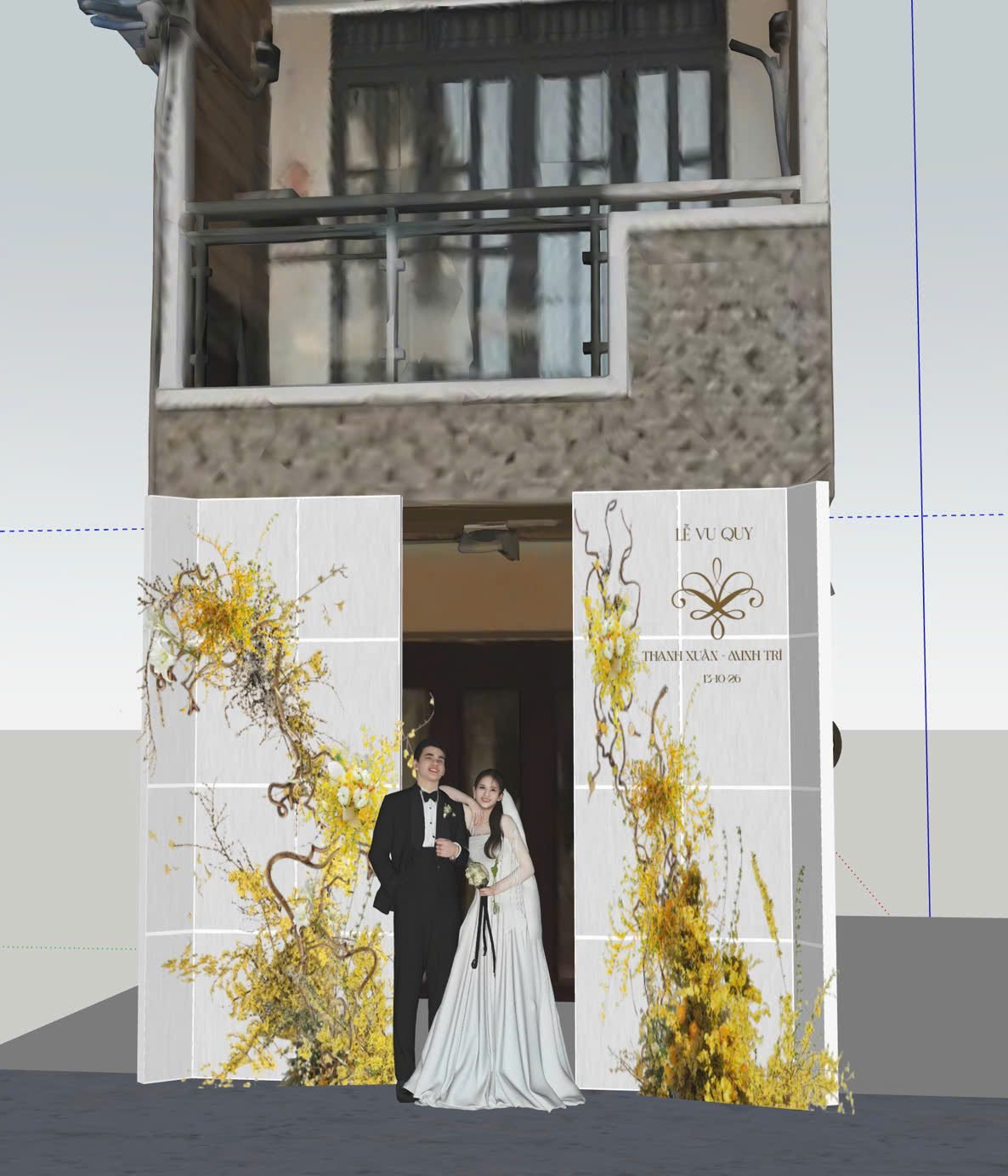 Phối cảnh mặt tiền backdrop vu quy hoa vàng dạng leo