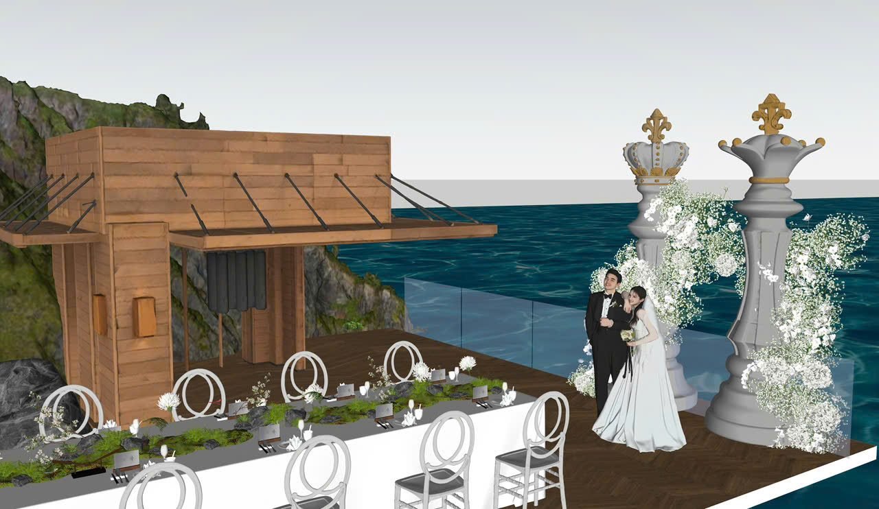 Mô hình 3D chòi gỗ bên hồ bơi vô cực nhìn ra biển, SketchUp