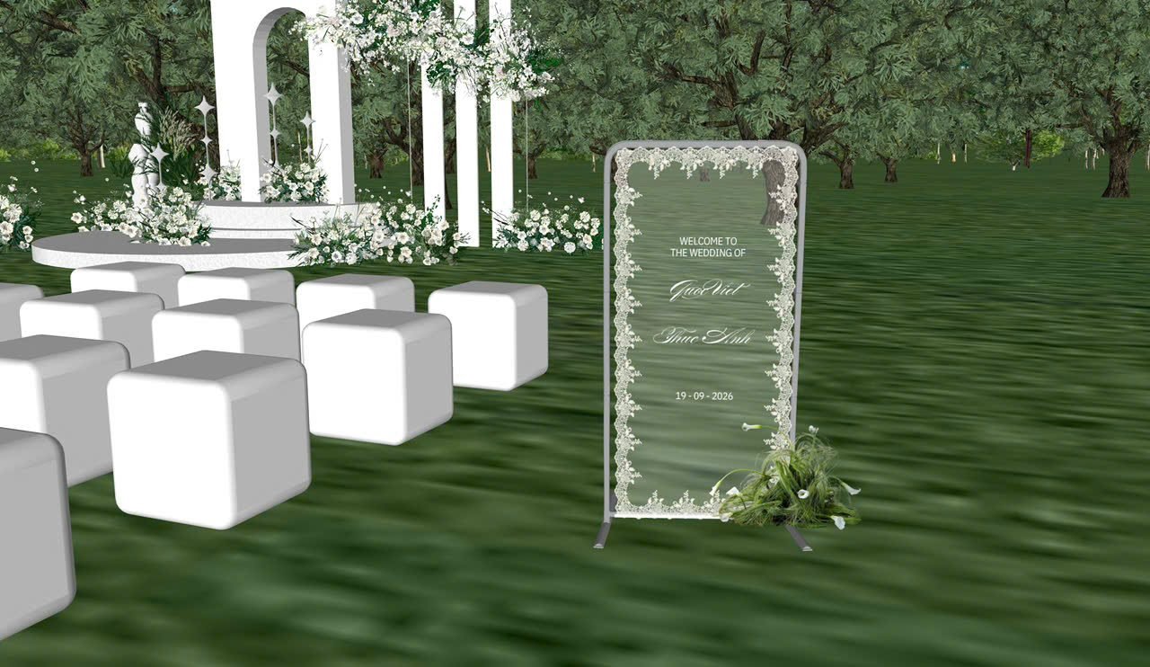 Mô hình 3D cổng hoa trắng và ghế đôn khối lập phương, SketchUp