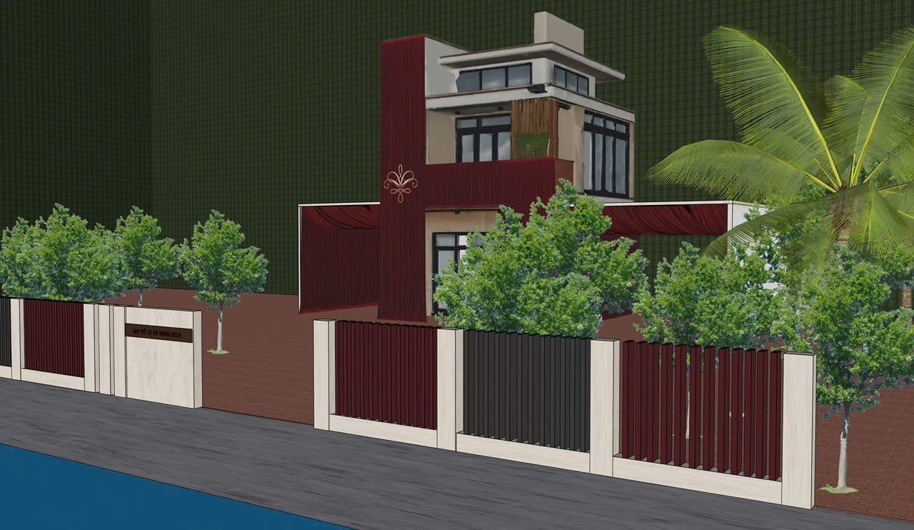 Phối cảnh mặt tiền biệt thự đỏ trang trí lễ vu quy, SketchUp